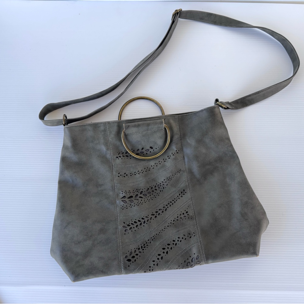 Gray Faux Leather Crossbody Bag Tote Boho Laser Cut Slouchy Shoulder Purse GOOD
